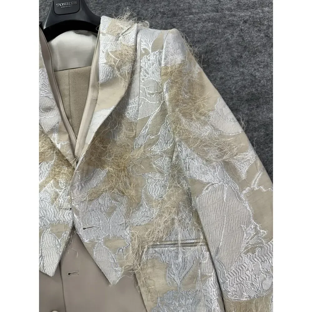 Torres Mens Tuxedo Suit 40 US 50 EU Beige Floral Borcade Tasseled 3pcs Set t12